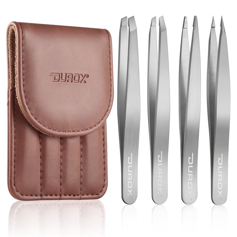 DUROX 4-Pc Precision Tweezer Set - 1. Round Tip Tweezers for Facial & Chin Hair 2. Pointed Tweezers for Ingrown Hair & Splinters 3. Professional Eyebrow Tweezers 4. Classic Slant. Stainless Steel.