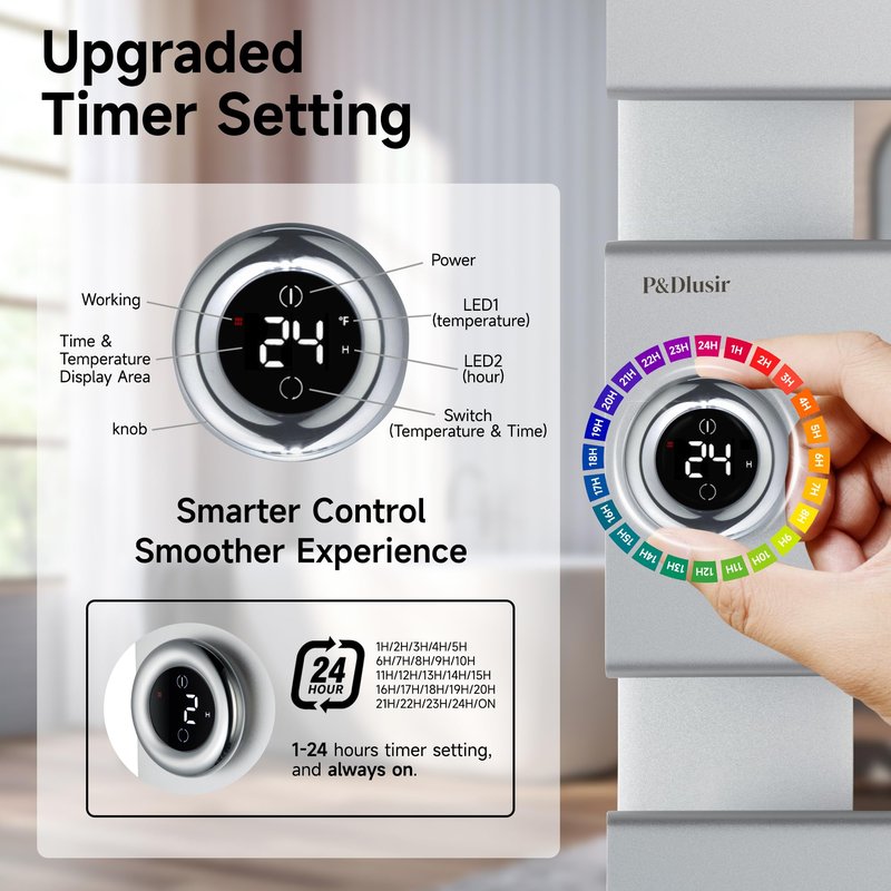 P&Dlusir Towel Warmer, Heated Towel Rack with Adjustable Temperature and Timer (1-24h, On), Fast Heating and Drying for Bathroom, Memory & Remote Control Compatible, Left-Wiring, 3-Panel, Silver