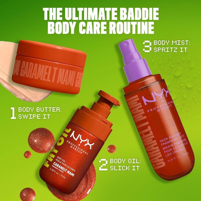 NYX Fat Oil Body Oil - Caramelt Mami | Caramel Scented Moisturizer with Vitamin E for 24HR Hydration & Glowing Skin