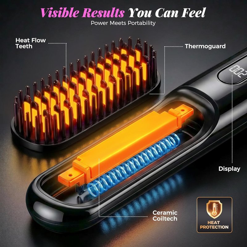 Go Brush Pro Cordless Hair Straightener Brush - Mini Design with 4 Temperature Settings | Portable Ionic & Ceramic Care (Black)