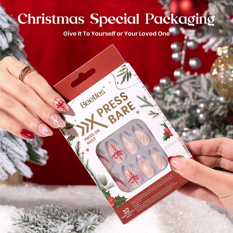 Beetles Christmas Press On Nails - Christmas Bow | Short Almond Press On Nails | 32Pcs 16 Sizes Natural Salon Quality Red French Nail Tips With Quick-drying Nail Glue For Women