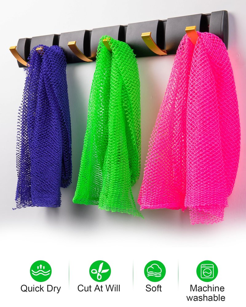 MTDLYICE African Net Sponge 3 Pack, Back Scrubber for Shower, XL 80CM Exfoliating Washcloth, African Net Sponge Authentic, Body Scrubber exfoliator Bath Accessories (Blue,LightGreen,Pink)