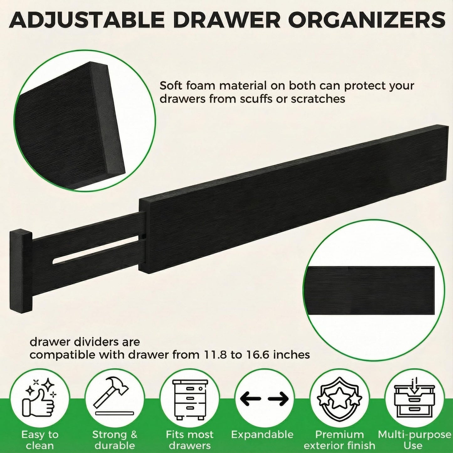4 Pack Bamboo Drawer Dividers 2.6" High, Adjustable Length from 12 Inch to 17 Inch, Expandable Kitchen Drawer Organizer Separators for Clothes, Kitchen, Bedroom, Dresser, Office (Black)