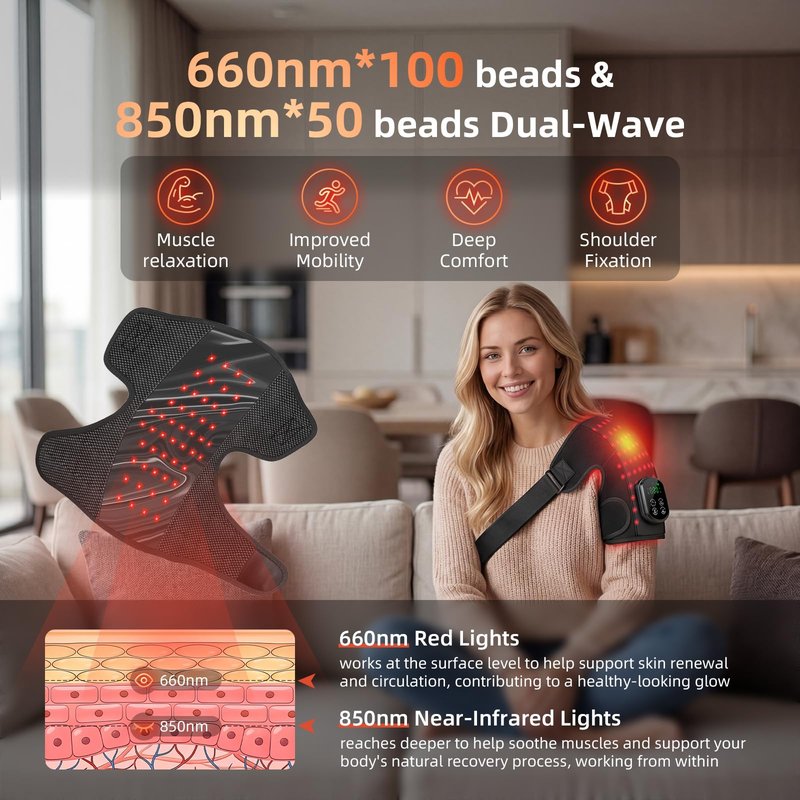 Cordless Red Light Therapy for Shoulder with Heat & Massage Vibration, Separate 5000mAh Portable Near-Infrared Light Therapy Wrap for Shoulder Discomfort, 3 Heat 4 Vibration Modes, 660nm & 850nm LEDs