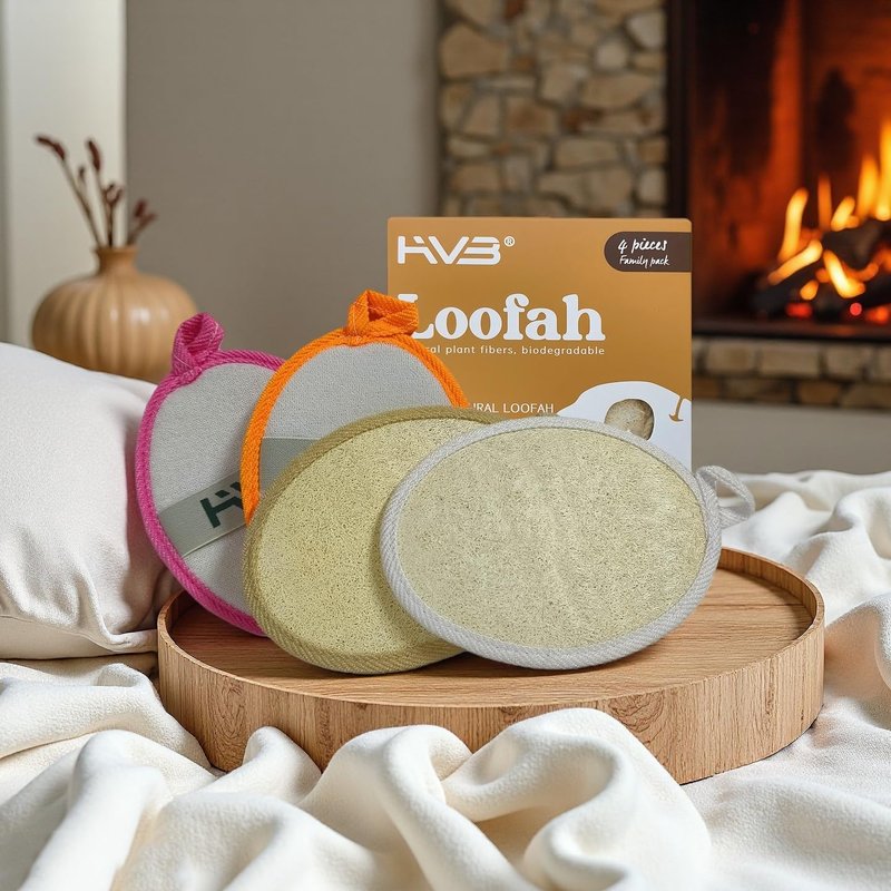 HVB Natural Loofah Exfoliating Bath Sponge, Made from Natural loofah, Unisex, Suitable for Both Facial and Body Cleansing – Pack of 4 (1 Box)