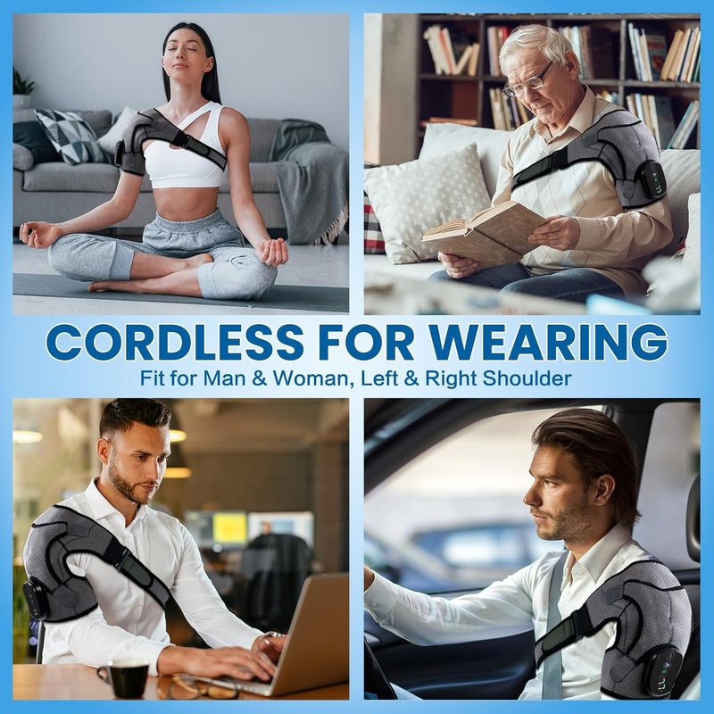 Cordless Shoulder Heating Pad - Electric Heated Wrap with Massage | 3 Vibration Levels & 3 Heat Settings for Rotator Cuff Pain Relief, Rechargeable 5000mAh Battery