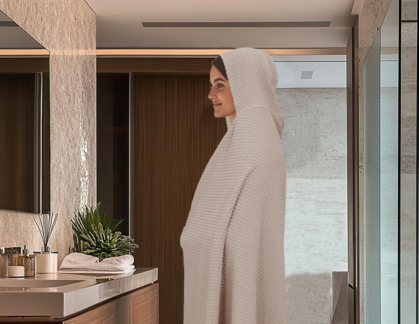 COTTON CRAFT Hooded Bath Towel – 2 Pack Oversized 35x70 Waffle Weave Towel with Hood for Adults - 100% Ringspun Cotton Pool Bath Sheet Wrap with Hood - Soft Super Absorbent Quick Dry – 450 GSM – Linen