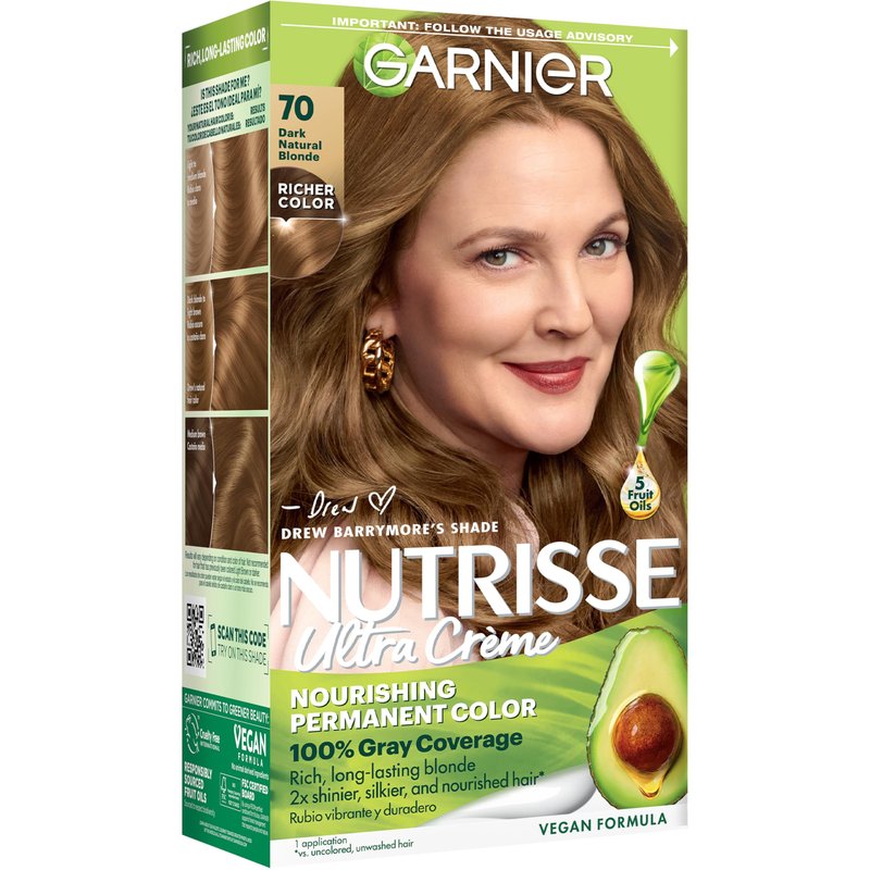 Garnier Nutrisse Ultra Crème Hair Color, Permanent Hair Dye with 100% Gray Coverage, Vegan & Cruelty-Free, 70 Dark Natural Blonde (Almond Crème), 1 Count