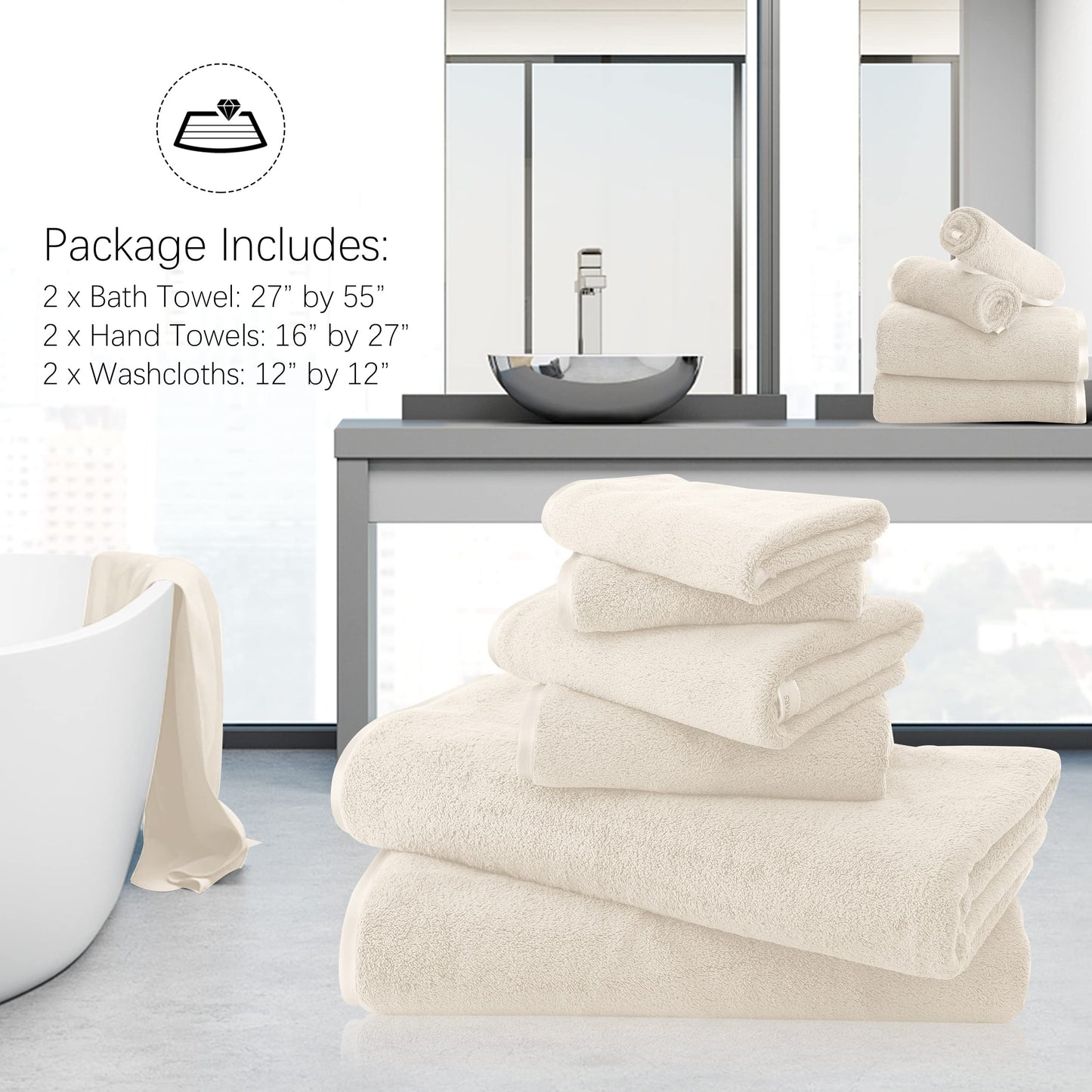 TENSTARS Luxury Silk Hemming Towel Set - Light Thin Quick Drying - 2 Bath Towels 2 Hand Towels 2 Washcloths - Ultra Soft Microfiber Towel for Bath Fitness, Sports, Yoga, Travel (Cream 6 Pieces)