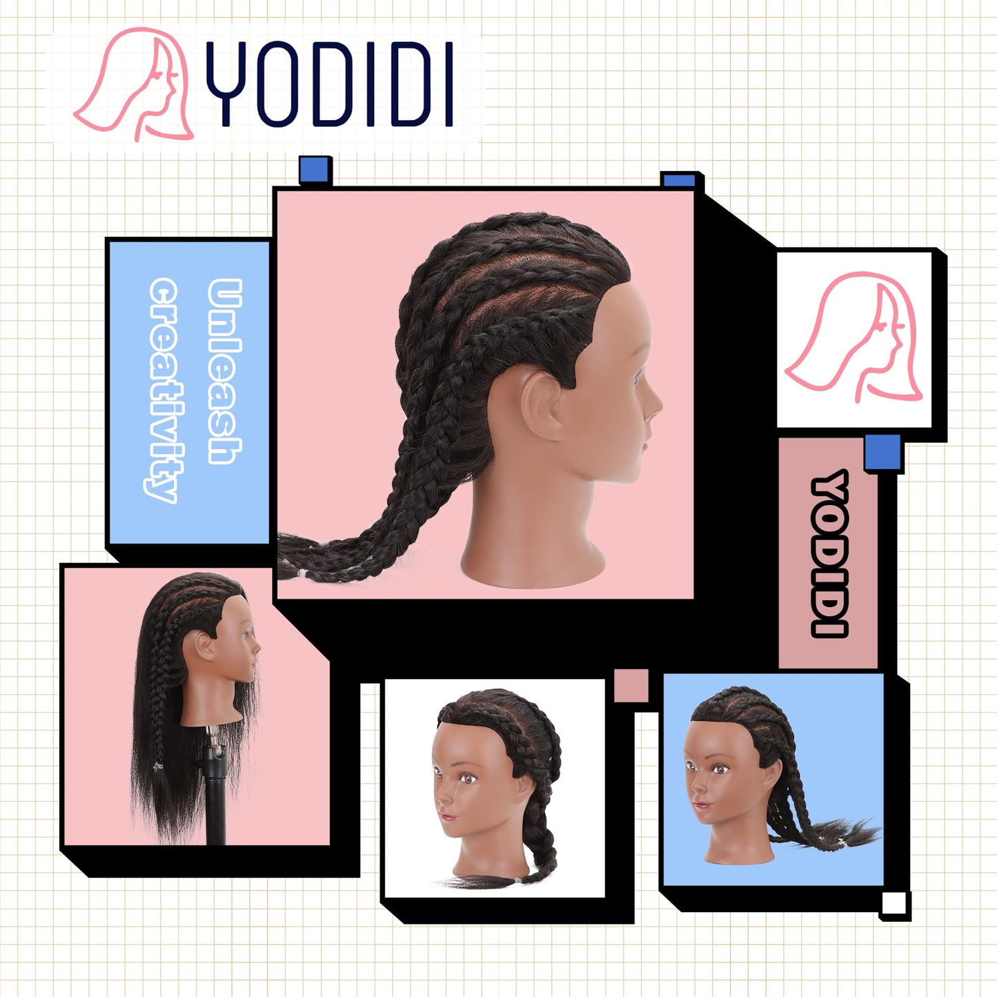 YODIDI Mannequin Head with 100% Human Hair, Manikin Head Human Hair Cosmetology Doll Head for Hair Styling Hairdresser Practice Braiding with Table Clamp Stand and Tools (16 inch)