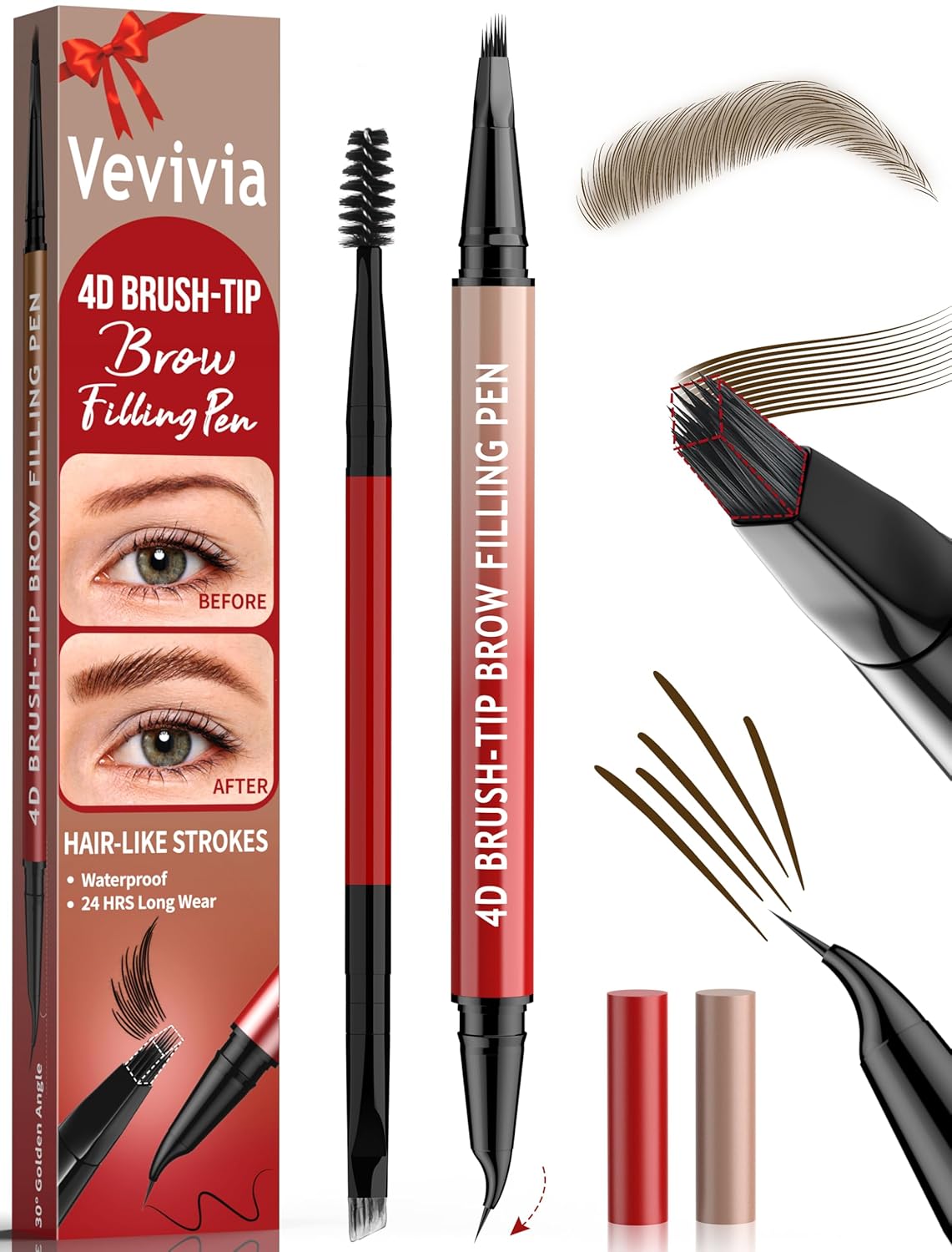 Vevivia Eyebrow Pencils - 4D Brush-Tip & Curved Tip for Natural, Fuller Brows | Long-Lasting Dark Brown