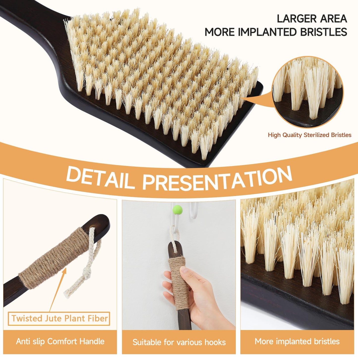 ENAMELEVO Back Scrubber Shower Brush,Dry Brushing Body Brush with 17.7 Inch Curved Long Handle, Natural Bristles for Lymphatic Drainage, Soft & Stiff Bristles Available (Soft-Fine Boar Bristles)