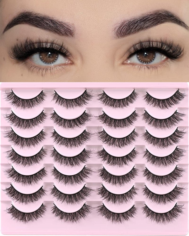 FARRED Natural Lashes Short Eyelashes Wispy False Mink Lash Pack 14 Pair Natural Look Fluffy Cat Eye Strip Eyelash Small Fake Lashes Full Pestañas Sets for MUA and Beginners Daily Makeup (F1 | 8-14mm)