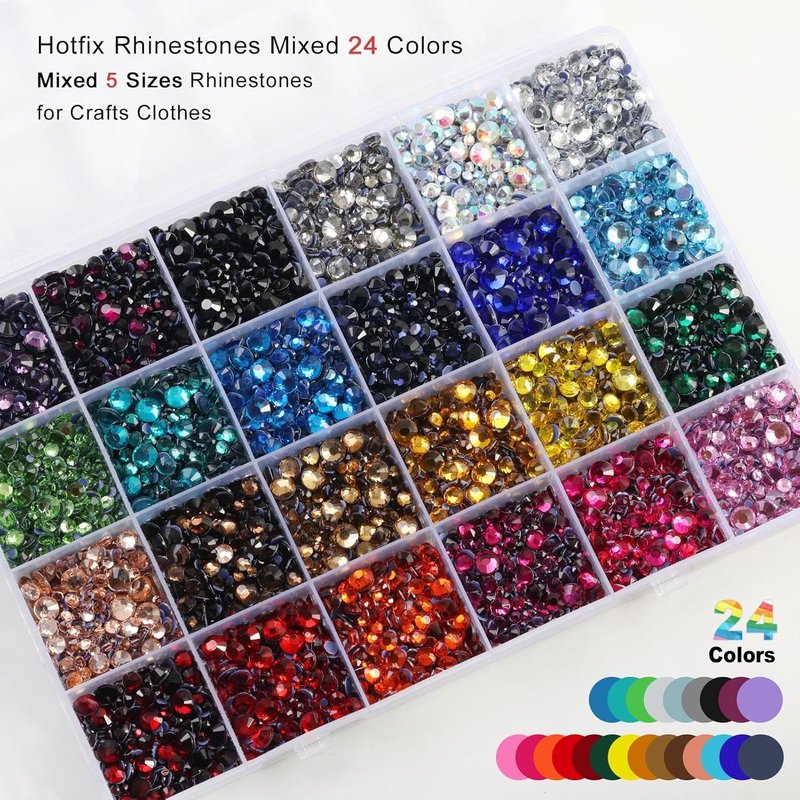 Hotfix Rhinestones - 24 Color Mixed Craft Gems with Tweezers, Wax Pencil & Scoop | Multi-Sized Crystals
