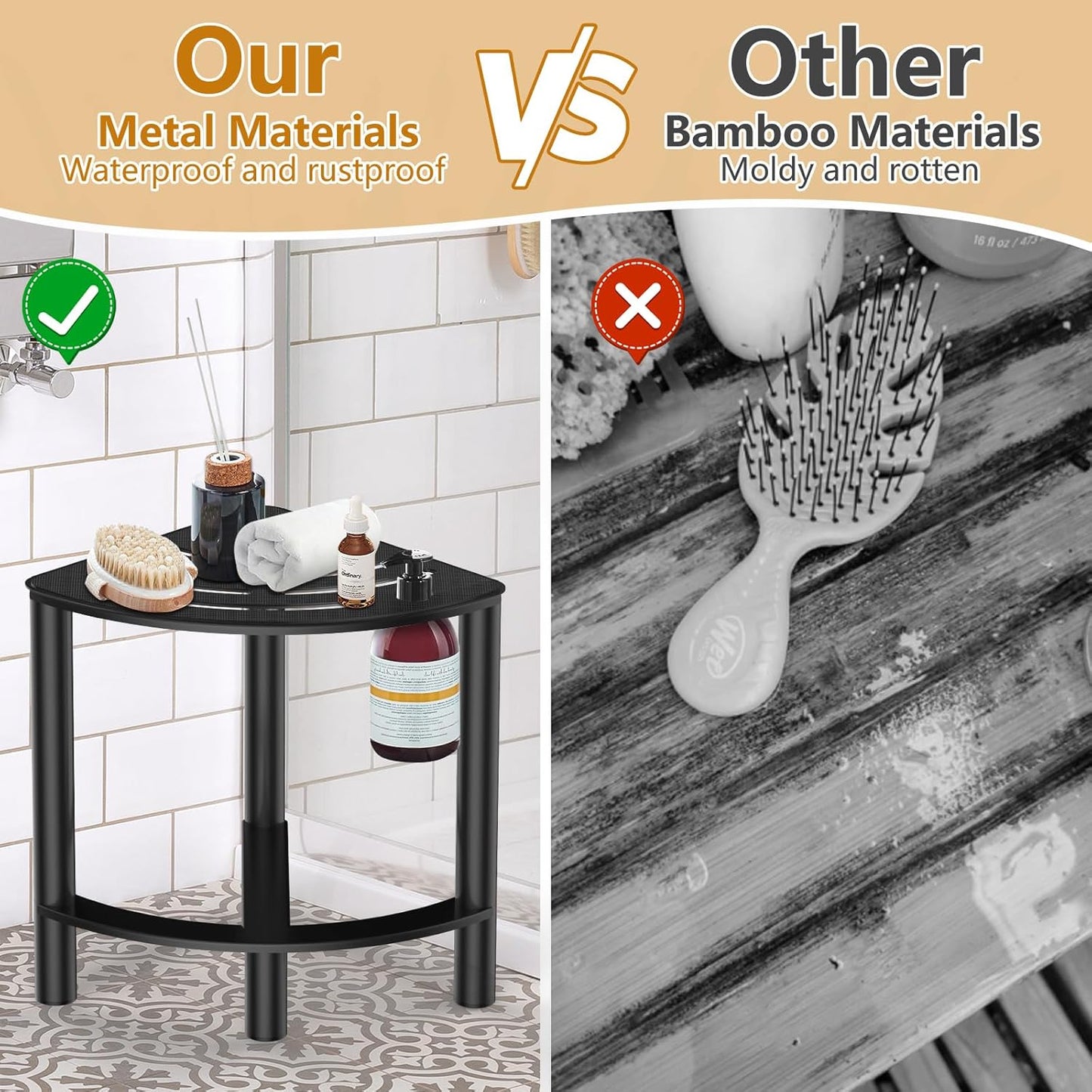 YUOROS Metal Shower Bench - Waterproof Corner Stool for Shaving Legs | Compact Bathroom Foot Rest