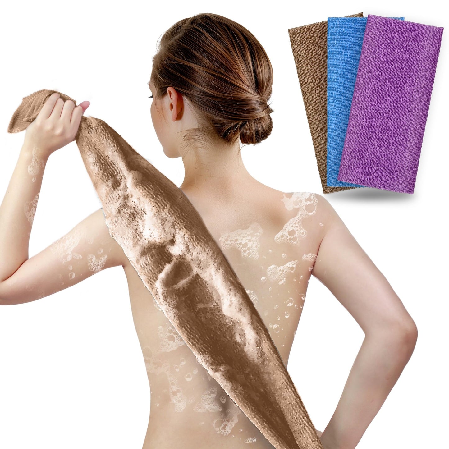 ARCH&M Exfoliating Towel 3-Pack, Nylon, Brown Purple Navy-Blue