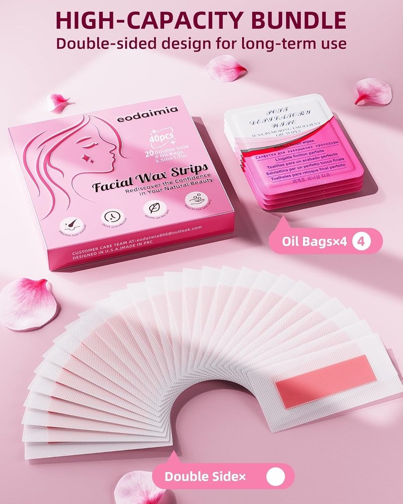 40 Facial Wax Strips for Women - Complete Waxing Kit with 4 Calming Oil Wipes | All Skin Types