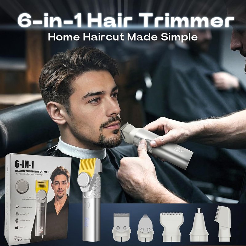 Beard Trimmer for Men - Waterproof IPX7, 2-Speed Settings, Adjustable Comb | 6-in-1 Grooming Kit - Deep Silver