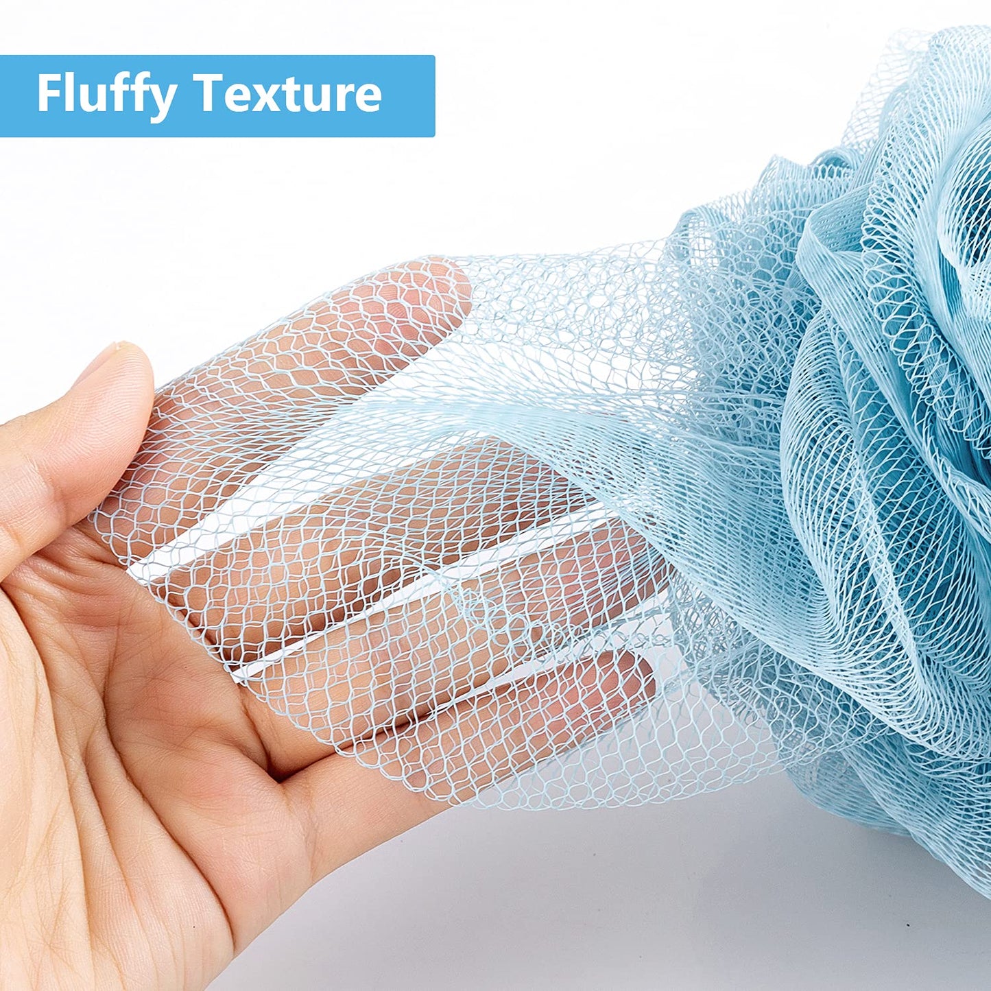 VANZAVANZU Bath Loofah Large 80g Shower Sponge Body Scrubber Mesh Pouf for Men and Women, Set of 4 (Turquoise + White)