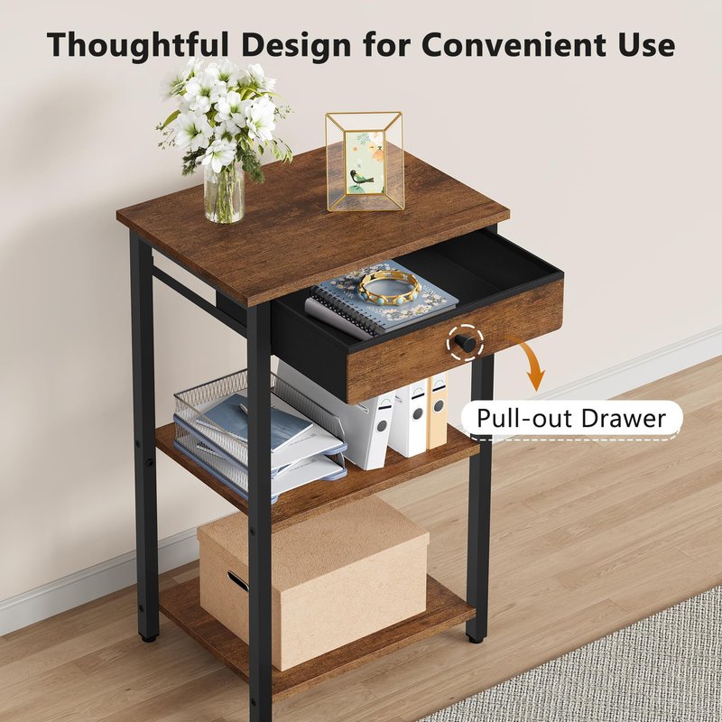 Gewudraw Printer Stand with Storage Drawer, 3-Tier Under Desk Printer Table, End Table for Home Office, Living Room, Bedroom, Brown