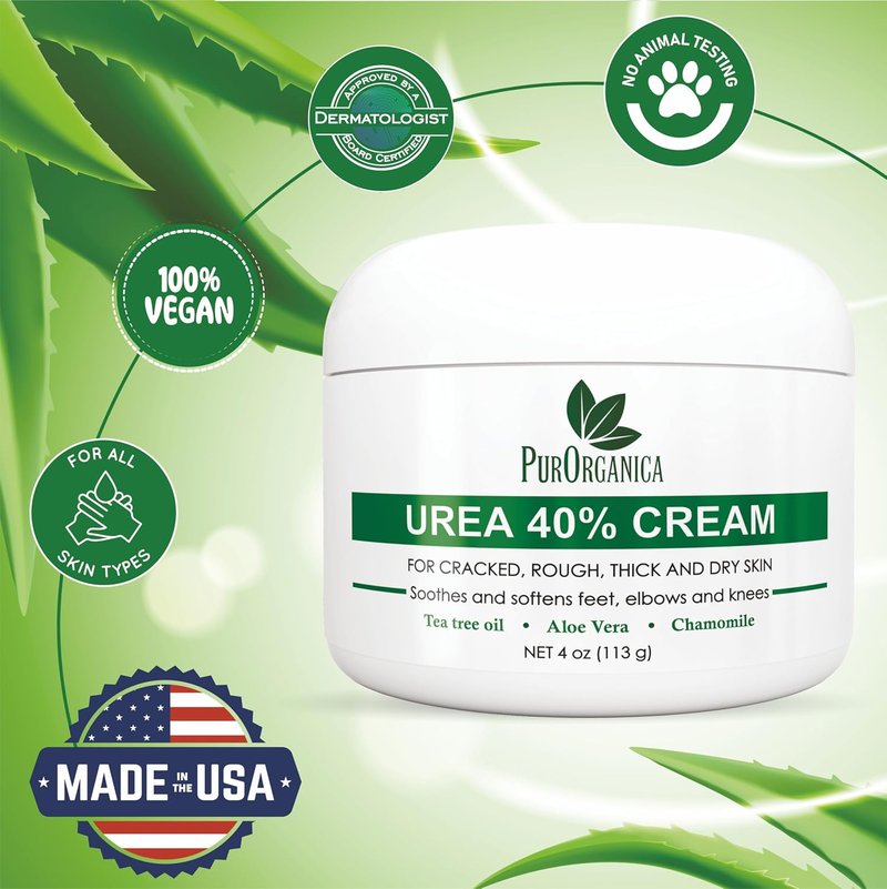 PurOrganica Urea Cream 40% - Maximum Strength Foot Cream for Dry, Cracked Heels | Exfoliating Moisturizer 4 oz