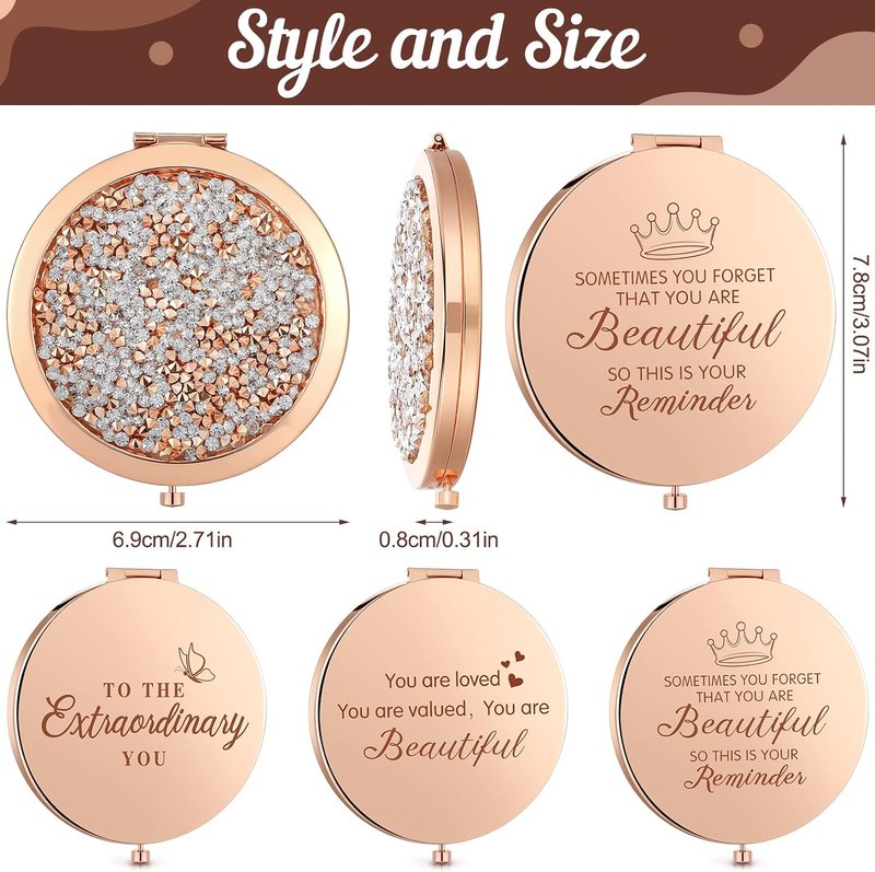 Roowest 16 Pack Metal Rhinestone Compact Mirrors - Inspirational Rose Gold Magnifying Purses