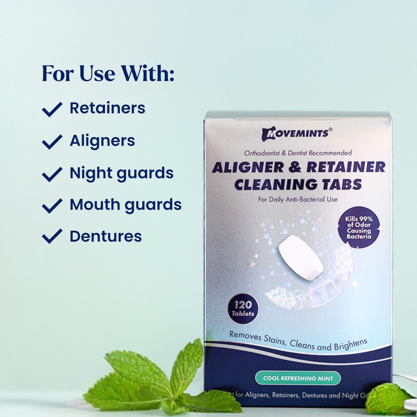 Movemints Cleaning Tablets for Aligners, Retainers, Dentures, Night Guard – Ultrasonic Compatible – Freshen Appliance and Remove Stains, Odors, and Plaque – Mint, 120 Count