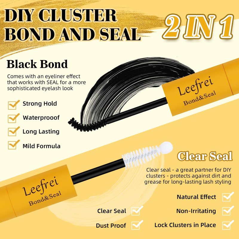 Leefrei 2-in-1 Lash Bond and Seal, DlY Lash Glue for Cluster Lashes, Long-Lasting Lash Adhesive with Dual Brush Design, Quick-Drying, Gentle & Waterproof, Natural Look, Easy to Use at Home