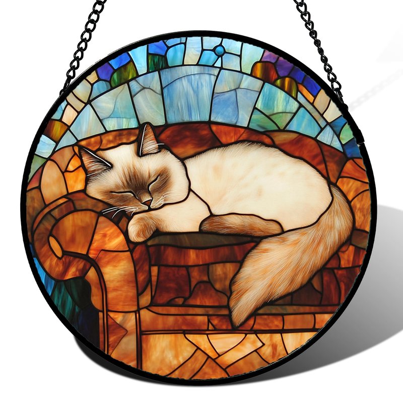 GEFOS Stained Glass Window Hanging Cat Sleeping On The Sofa 7.8" - Suncatcher Door Garden Sunroom Sun Catcher Home Decor Birthday Christmas for Lost Pets Mom Men Woman