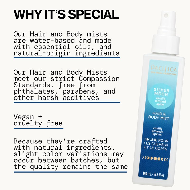 Pacifica Hair Perfume & Body Fragrance Spray Mist - Silver Moon with Vanilla, Almond & Spice – Alcohol-Free, Vegan & Cruelty-Free, 6.5 oz