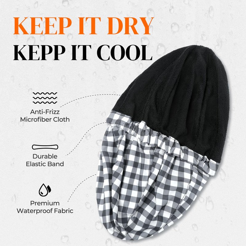 Shower Cap for Men Black White Plaid Bath Cap, Reversible Large Waterproof Adjustable Shower Caps Terry Lining & Elastic Band Stretch Hem Hair Hat