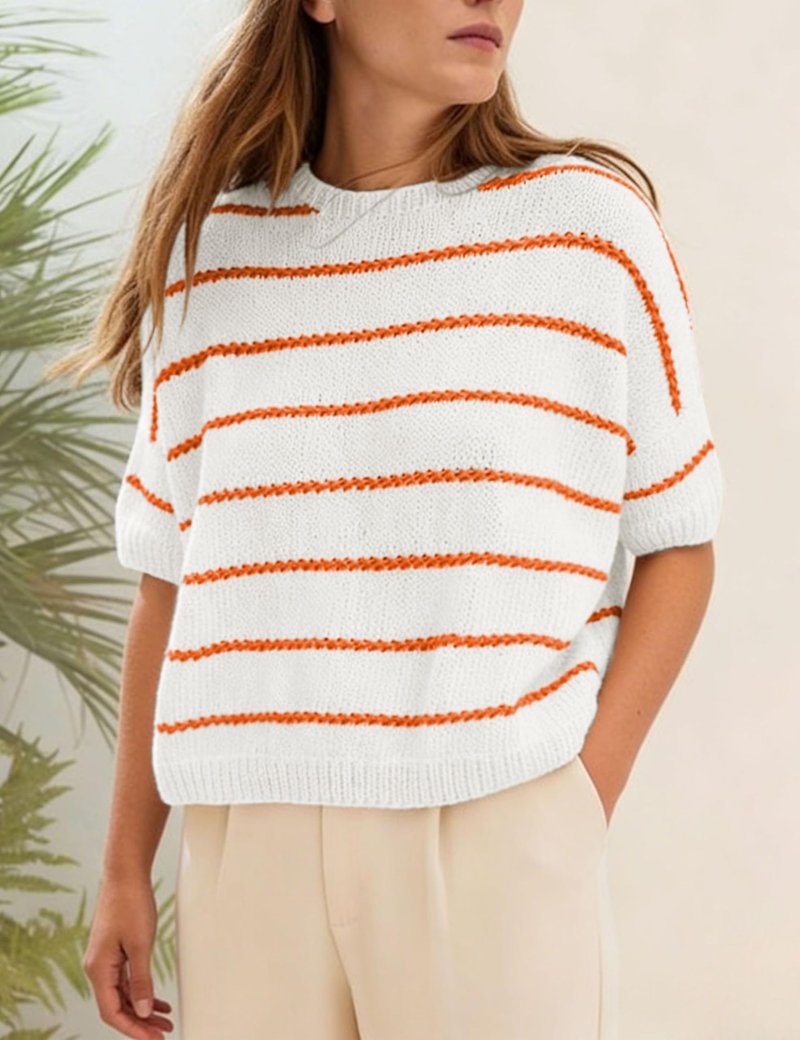 QIBABU Womens Short Sleeve Striped Sweater Top Casual Crewneck Lightweight Shirt Spring Summer Cropped Knit Tops(2242-White-XL-QB)