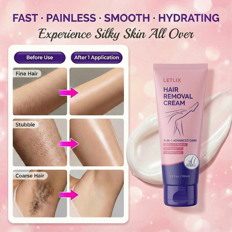 LETLIX Hair Removal Cream for Sensitive Skin - Painless Depilatory Cream for Women and Men Legs, Underarms & Body - Gentle Hair Remover with Squalane, Aloe Vera & Hyaluronic Acid - 4.06oz