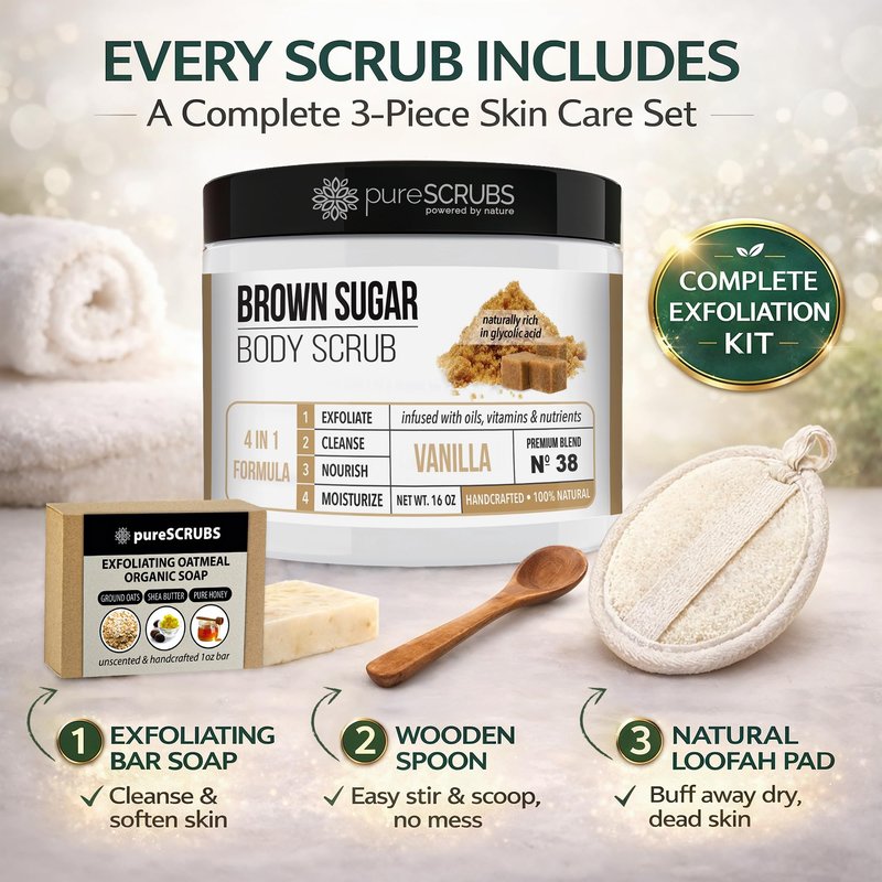 pureSCRUBS Premium Vanilla Brown Sugar Scrub | Face, Feet & Full Body Scrub | Large 16oz Jar Includes Wooden Spoon, Loofah & Mini Exfoliating Bar Soap