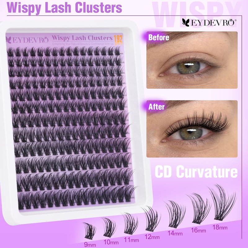 EYDEVRO Wispy Lash Clusters - Natural 9-18mm Eyelash Extensions | 192 Pcs DIY Individual Lashes