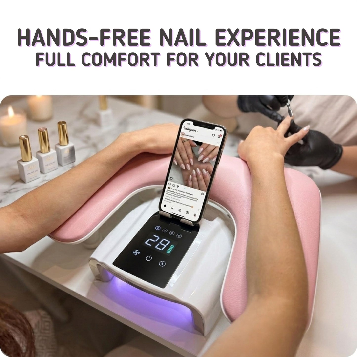 U Shaped Arm Rest for Nails Tech with Rotating Phone Holder - Adjustable Nail Arm Rest with Phone Holder - Detachable Manicure Hand Pillow for Salon or Home Use (Pink)