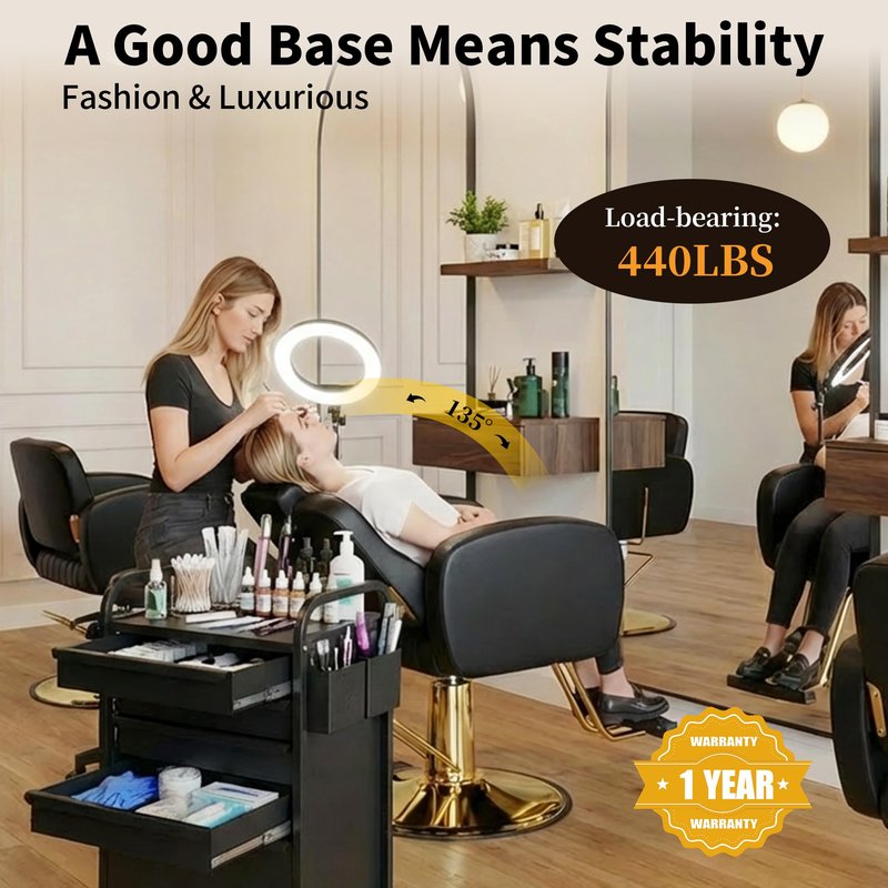 Baasha Black & Gold Reclining Salon Chair - All Purpose Hydraulic Barber Chair with Removable Headrest - Comfortable Styling Chair for Makeup, Lash, Tattoo, Braiding & Shaving, 440 lbs Cap.