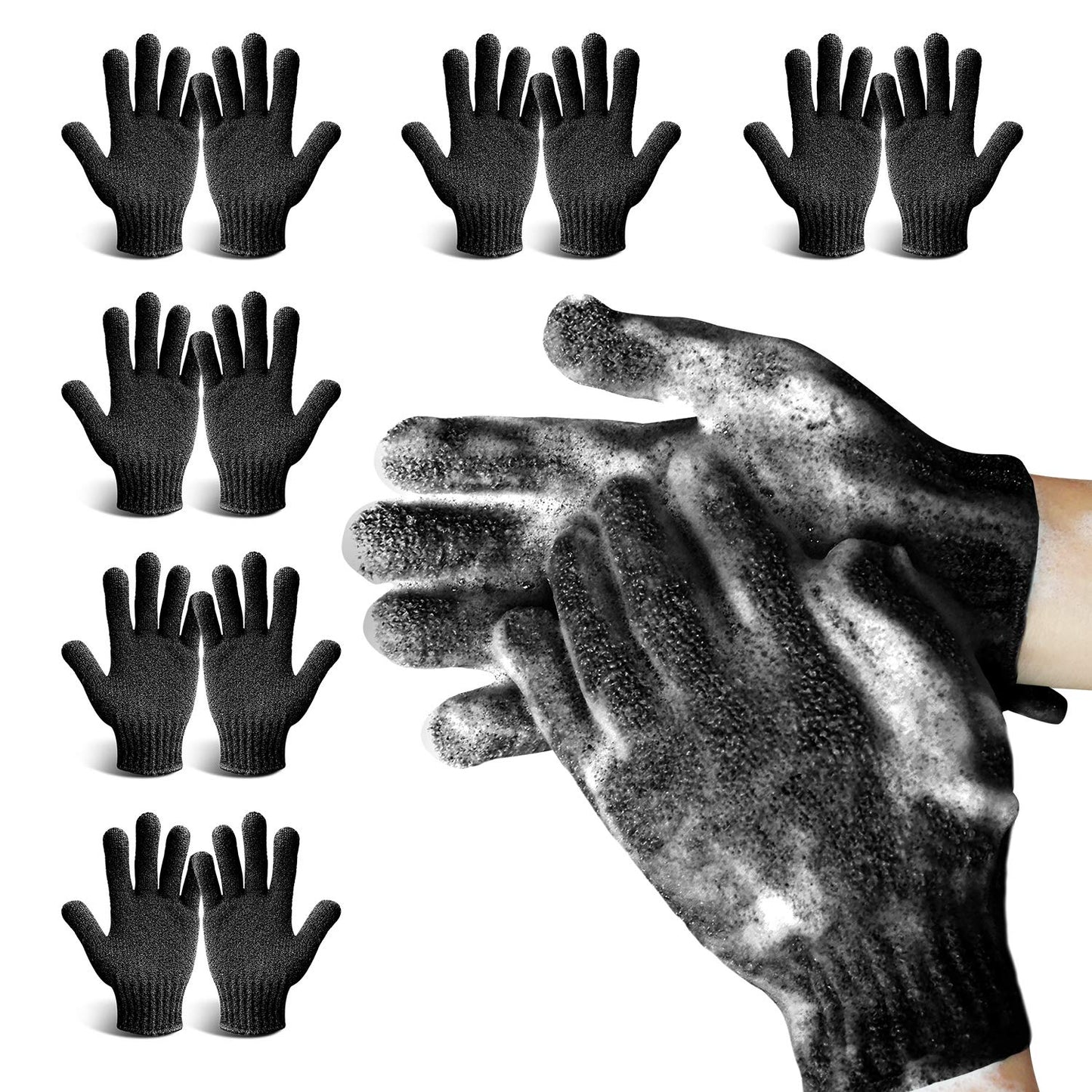 MIG4U Exfoliating Shower Gloves for Bath,6 Pairs Premium Nylon Body Wash Bathing Gloves for Men Women Spa, Massage and Skin Scrub, Dead Skin Remover with Hanging Loop, Black, Regular Size