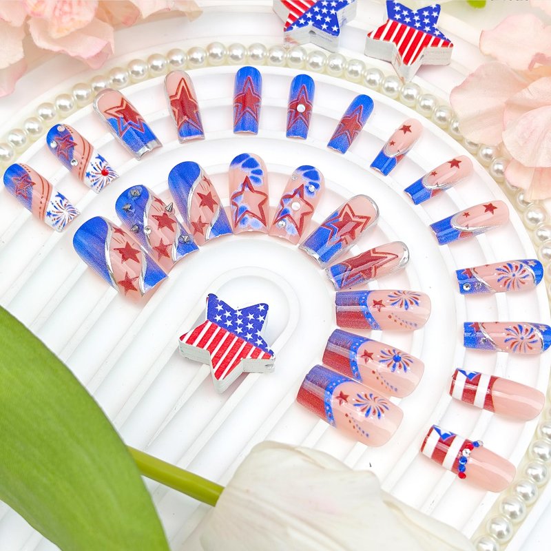 24Pcs 4th of July Press on Nails Medium Square French Tip Fake Nails Independence Day Red White Blue Glitter Designs Patriotic Firework False Nails American Flag Glue on Nails DIY for Women Decoration
