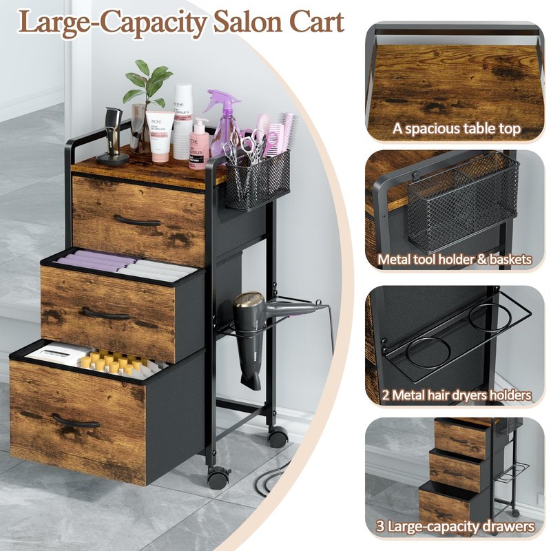 Salon Station for Hair Stylist, Rolling Salon Trolley Cart with Wheels, Beauty Barber Station with Metal Tool Holder & 3 Fabric Drawer, Mobile Storage Cabinet for Barbershop, Spa&Tattoo, Rustic Brown