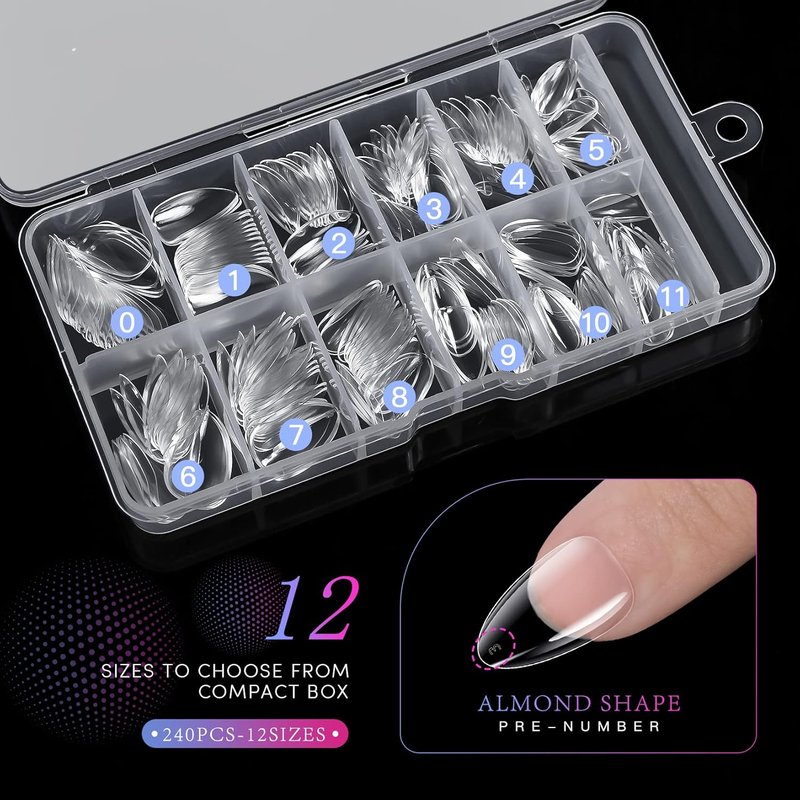 Krofaue Almond Nail Tips - 240 Pcs Clear Full Cover Soft Gel Fake Nails | 12 Sizes for Easy DIY Manicures