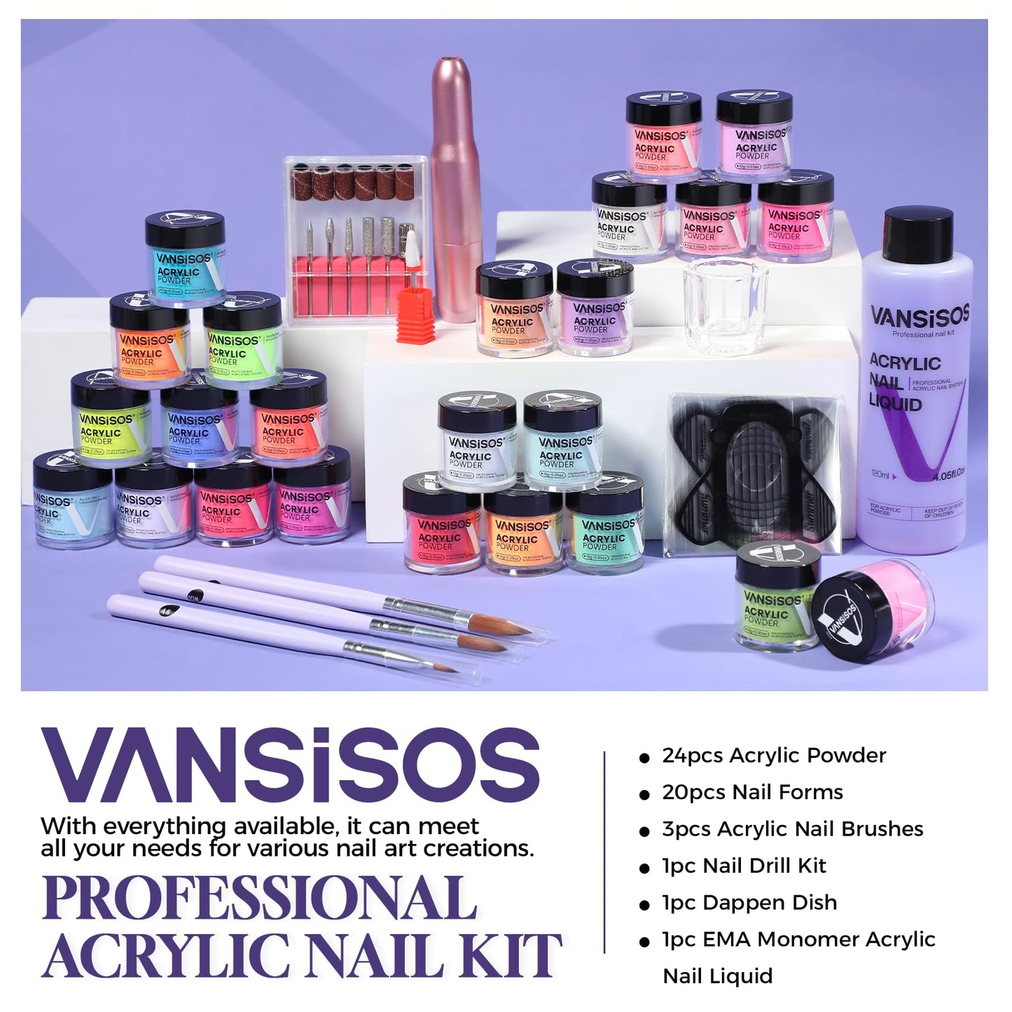 VANSISOS Acrylic Nail Kit for Beginner: Complete Set with 24 Colors Acrylic Powder & Liquid Long Last Durable Quick Dry for Nail Manicure with Nail Drill and Basic Accessories