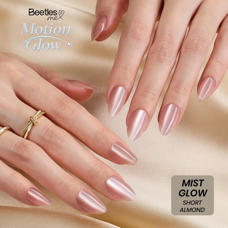 Beetles Cat Eye Press On Nails - Glossy Short Almond Press On Nails Motion Glow Kit, 32pcs 16 Sizes, Girls Stick On Nails with Adhesive Tabs & Fast-Dry Nail Glue, Salon-Ready Gift for Women Mist Glow