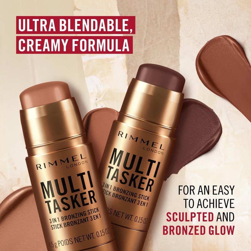 Rimmel Multi Tasker 3 in 1 Bronzing Stick, 003 Tan, Sculpted and Bronzed Glow, All-Day Wear, Sheer and Dewy Finish, Infused with Vitamin C & E, Vegan Formula, Cruelty-Free