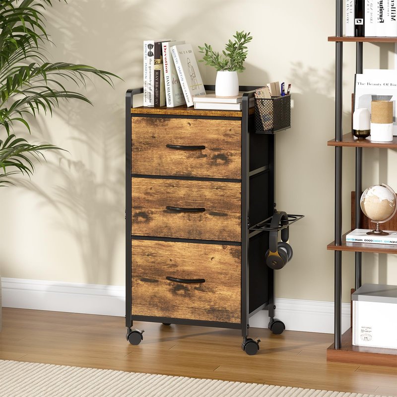Salon Station for Hair Stylist, Rolling Salon Trolley Cart with Wheels, Beauty Barber Station with Metal Tool Holder & 3 Fabric Drawer, Mobile Storage Cabinet for Barbershop, Spa&Tattoo, Rustic Brown