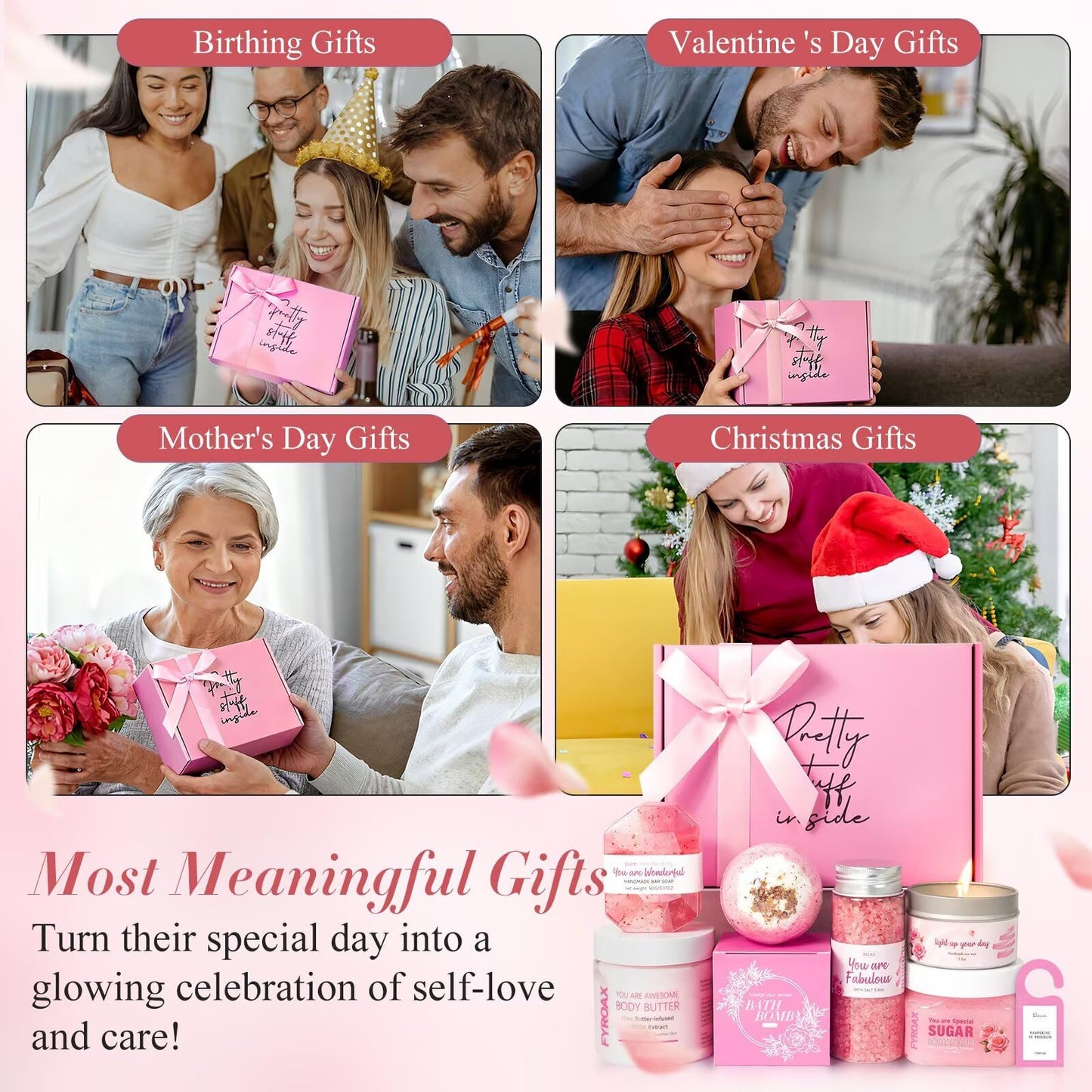 Spa Gifts for Women 7 Pcs Home Spa Kit Rose Gifts for Woman,Spa Gift Baskets Self Care Gifts Spa Gift for Women Birthday,Mothers Day Basket Easter Christmas Bath Set