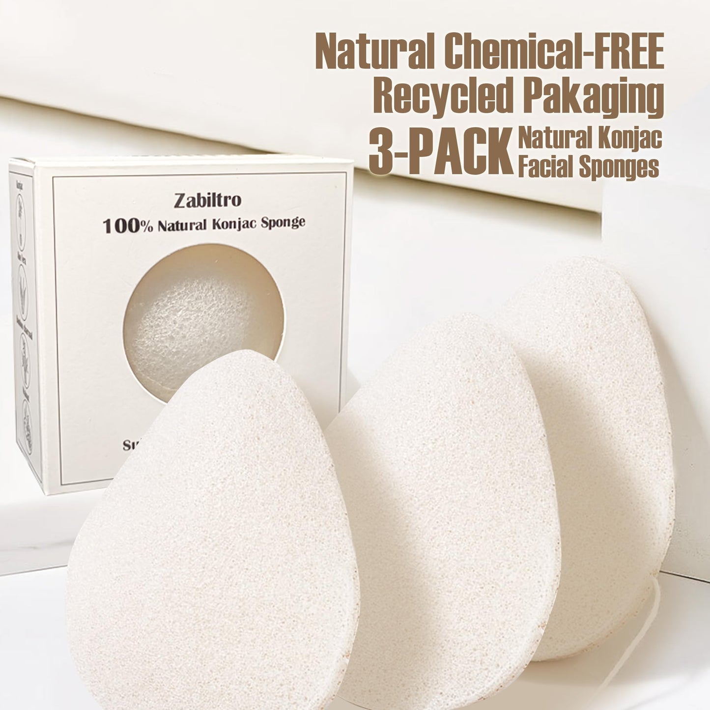 Zabiltro Natural Walnut Konjac Facial Sponges - Waterdrop- for Gentle Face Cleansing and Exfoliation Eco-Friendly - Skincare Face Body Washing Cleaning - with White Pure Konjac,3pc.