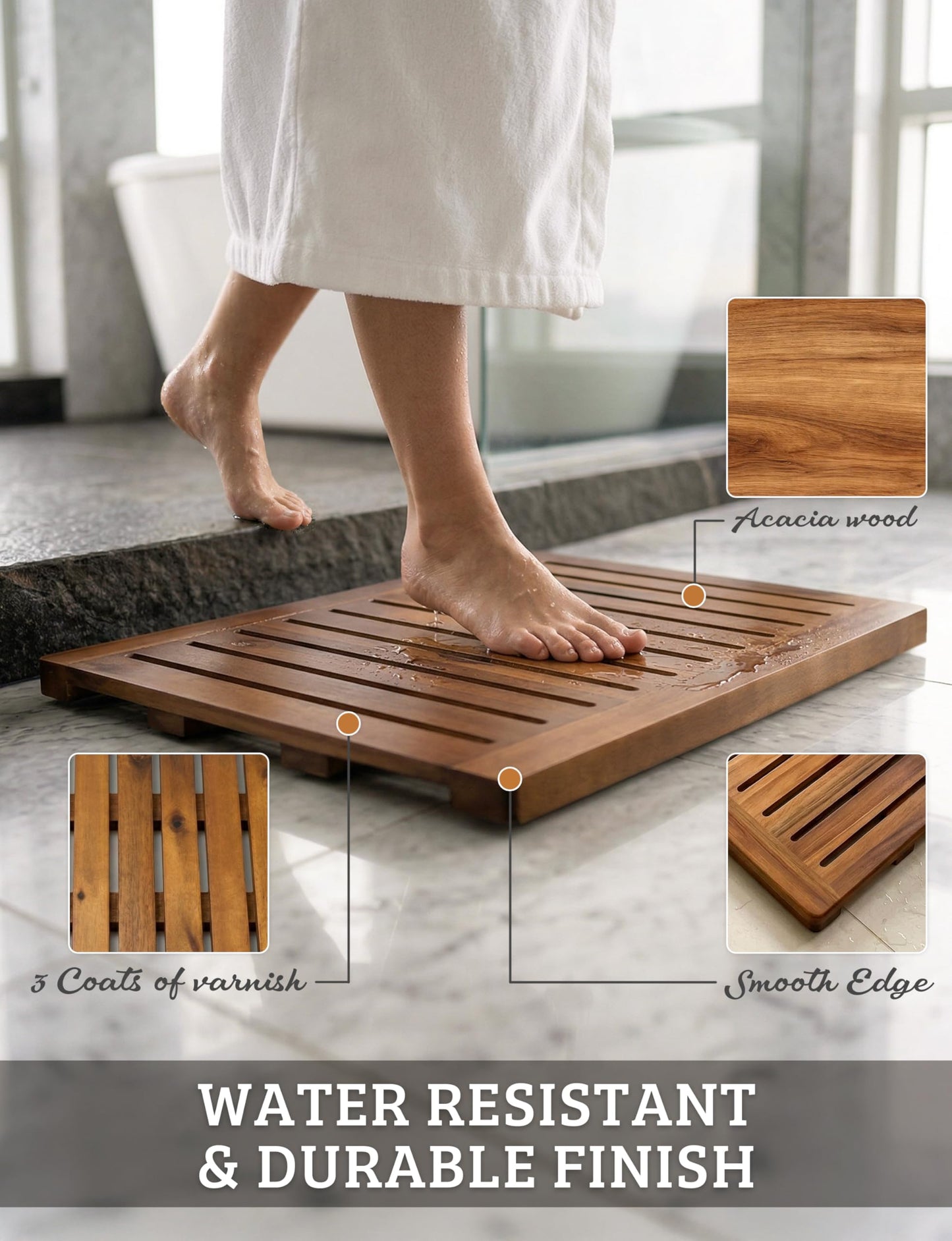Acacia Wood Shower Mat 24x18 Inches by Demigo, Luxury Bath Mat Non Slip for Bathroom Bathtub Shower Spa Garden Home, Wooden Floor Mat Square Large for Outdoor and Indoor