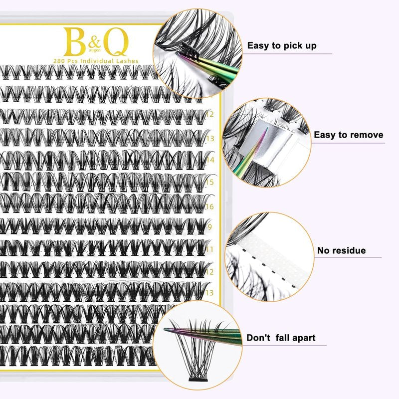 B&Q Lash Clusters - 280PCS Natural Eyelash Extensions | 30D & 40D C Mix for Comfortable DIY Glam