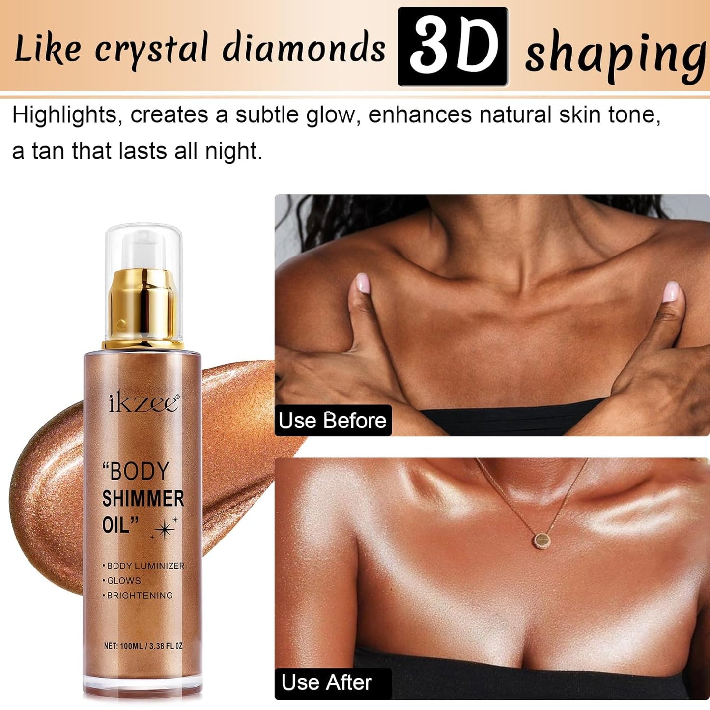 Skiennix Shimmer Oil - 100ml Moisturizing Body Luminizer | Waterproof Glitter Highlighter in Bronze Gold